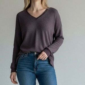 XCVI Wearables Women Waffle Knit Top M Purple V-Neck High-Low Thermal Gorpcore